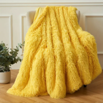 Shaggy Faux Fur Blanket Plush Fuzzy Bed Throw Washable 90&quot; x 90&quot; YELLOW (Queen) - £35.57 GBP