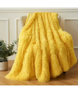 Shaggy Faux Fur Blanket Plush Fuzzy Bed Throw Washable 90&quot; x 90&quot; YELLOW ... - £35.48 GBP