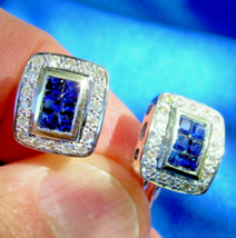 Earth mined Diamond Sapphire Deco Earrings Vintage Style Geometric Stud ... - $1,880.01
