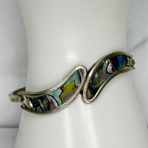 Vintage Abalone Shell Inlay Silver Tone Hinge Bangle Bracelet - £19.32 GBP