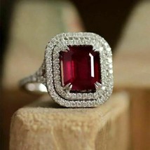 2.50Ct Emerald Cut Simulated Ruby CZ Halo Engagement Ring 925 Sterling Silver - £68.55 GBP