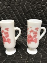 Pair of Avon Toile Slim Mug White Milk Glasses Footed Cups Red Accents 5” - £10.96 GBP