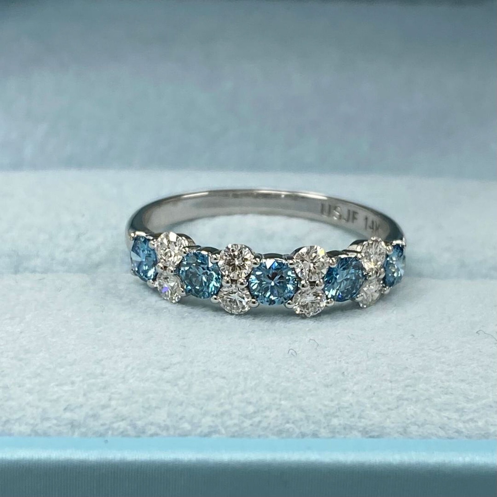 1.00 Ct Blue and White Lab Grown Diamond Alternating Wedding Band 14k white Gold Item image 11