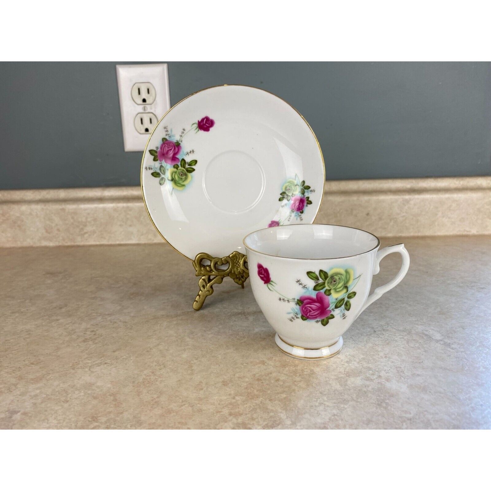 Primary image for China Screw Pink And Yellow Rose Tea Cup And Saucer Set