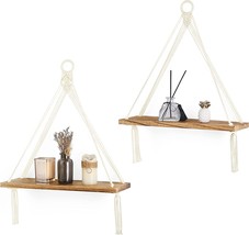 Dahey Macrame Hanging Shelf Boho Wall Decor, 2 Pack Rustic Wood Floating Shelves - £30.36 GBP