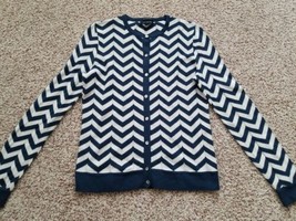 Lands’ End Women’s Chevron Stripe Sweater Cardigan Cotton Navy/White Med... - $26.24