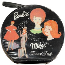 Vintage Barbie &amp; Midge Travel Pals Hat Box Round Doll Case Mattel 1963 Black - £76.99 GBP