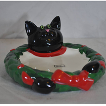 VTG Department Dept 56 7” Black Cat Christmas Wreath Candy Dish Display - £19.78 GBP