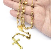 METAL ROSARY 26" Necklace 6" Drop 6mm Gold Tone Prayer Beads Catholic Cr... - $3.95