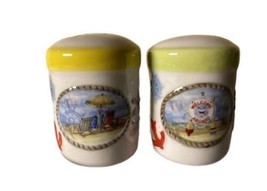 vintage Salt Pepper Shakers Summer Umbrella Beach Chairs Vacation Ocean scene - £11.97 GBP