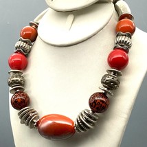 Vintage Dramatic Statement Necklace in Bright Colors and Silver Tone Beads - £30.07 GBP