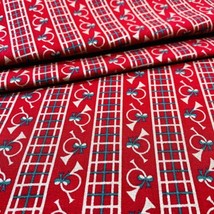 Christmas French Horns Stripe Fabric Red Green and Gold 100% Cotton By the Yard - £6.38 GBP