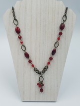 Premier Designs Antiqued Gold Tone Red Dangle Faceted Bead Chain 24&quot; Nec... - £6.30 GBP