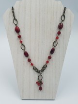 Premier Designs Antiqued Gold Tone Red Dangle Faceted Bead Chain 24&quot; Necklace - £6.25 GBP