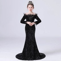 Child Girl Black Gown Strapless Off  Backless Long Sleeve Floor Length Feather S - £104.02 GBP