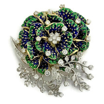 Authenticity Guarantee 
Vintage 1950&#39;s Blue Green Enamel Diamond Flower Brooc... - £6,790.52 GBP