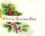 Hearty Christmas Wish Cabin Scene Sparrow Holly Embossed 1922 Postcard - $3.91