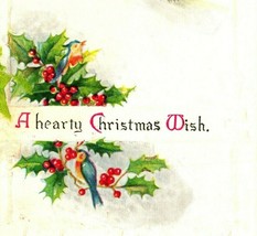 Hearty Christmas Wish Cabin Scene Sparrow Holly Embossed 1922 Postcard - £3.07 GBP