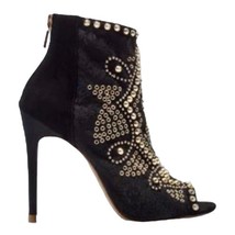 Zara Heels Women&#39;s 6.5 Black Leather Studded Spikes Peep Toe Ankle EU 37 - $760.27 MXN