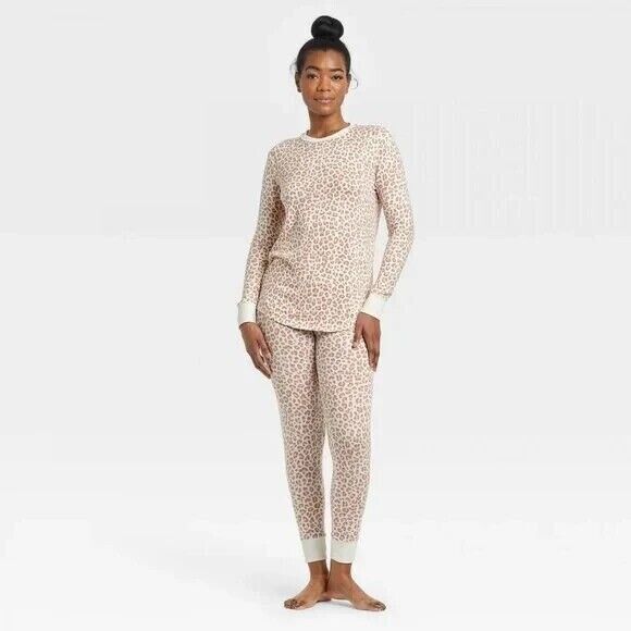 Stars Above Women's Cream Leopard Print 2X Long Sleeve Pajama Set, Cozy Spandex