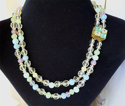 Vintage Pastel Opalescent Bead Necklace 2 Strand Silver Rhinestone Big C... - $38.00