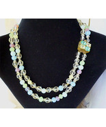 Vintage Pastel Opalescent Bead Necklace 2 Strand Silver Rhinestone Big Clasp  - $38.00