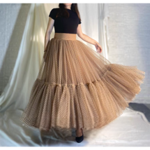 Brown Polka Dot Fluffy Tulle Skirt Outfit Women High Waist Plus Size Tulle Skirt