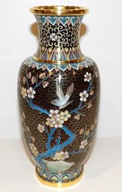 Cloisonne Enamel Brass Cherry Blossom Bird Black 8&quot; Vase ~Vintage ~Beautiful~ - £83.55 GBP