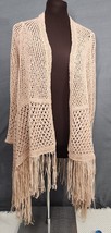 Chicos 0 Small Womens Beige Gold Crochet Fringed Open Knit Long Sleeve Cardigan - £21.54 GBP