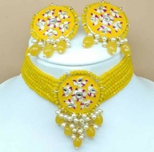 Bollywood Indian Gold Plated Jewelry Kundan Choker Necklace Enameled Yellow Set - £21.53 GBP