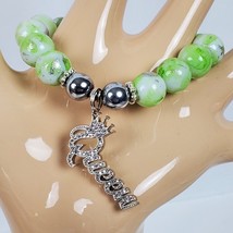 Vintage Queen Stretchy Statement Beaded Bracelet Silver Tone &amp; Green - $10.33