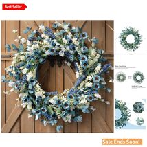 22 Inch Blue Spring Wreath with Green Leaves for Front Door Wall IndoorO... - $57.37