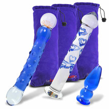 LeLuv Dildo and Butt Plug Ocean Blue 3 Toys Glass with Premium Padded Pouches - £36.18 GBP