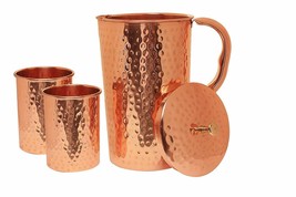 Handcrafted 100% Pure Copper Jug Pitcher with 2 Glass Drinkware Hammered Finish  - £41.78 GBP