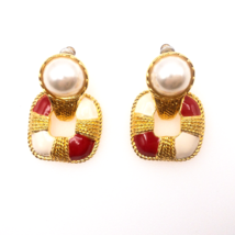 Red White Gold Nautical Theme Enamel Earrings Pierced Faux Pearl Square 1-1/2&quot; - £2.39 GBP