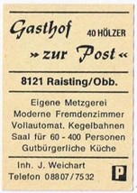 Matchbox Label Germany Gasthof Zur Post At The Post Office - £0.77 GBP