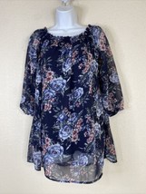 Cotton On Womens Size M Blue Floral Ruffle Neck Tunic Blouse 3/4 Sleeve - $7.59