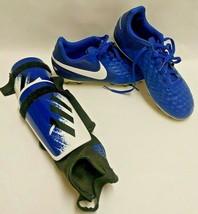 Nike Tiempo Youth Soccer Cleats Size 5.5 Royal Blue White Adidas Shin Gu... - £14.93 GBP