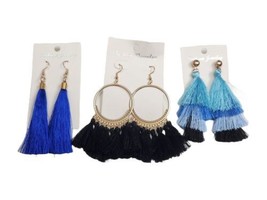 Set of 3 Fashion Silky Tassel Fringe Dangle, Stud &amp; Fish Hook Earrings Blue Blk - £7.78 GBP