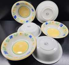6 Gibson Floral Soup Bowls Set Vintage Blue Yellow Flower Green Leaf Dishes Lot - £70.07 GBP