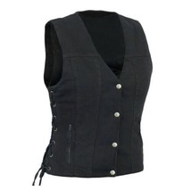 Women&#39;s V-Neck Black Denim Motorcycle Vest GOLeather GO822 - $109.45 CAD