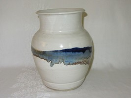 Vintage Studio Pottery Vase Beige Cream Blue Drip Band Shiny Glaze Art Signed - £18.82 GBP