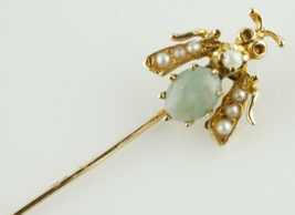 14k Yellow Gold Jade Cabochon Bee Fly Pin with Seed Pearls Gorgeous - $8,974.85 MXN