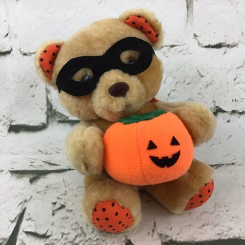 Vintage Russ Berrie Luv Pets Halloween PUMPKIN Masked 5” Teddy Bear - $9.89