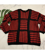 Liz &amp; Co Vintage Houndstooth Plaid Chunky Sweater Sz L Red Black Cable K... - $47.37 CAD