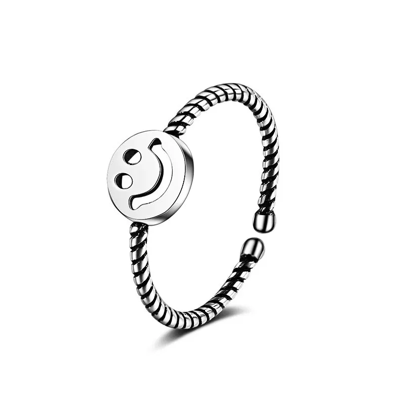 925 Stamp Vintage Rings for Women Fashion Couple Simple Design Smiley Face Thai  - £11.56 GBP