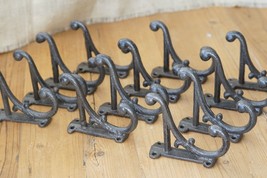 12 Rustic Coat Hooks Antique Style Cast Iron 4.5&quot; Wall Double Restoration Brown - £31.44 GBP