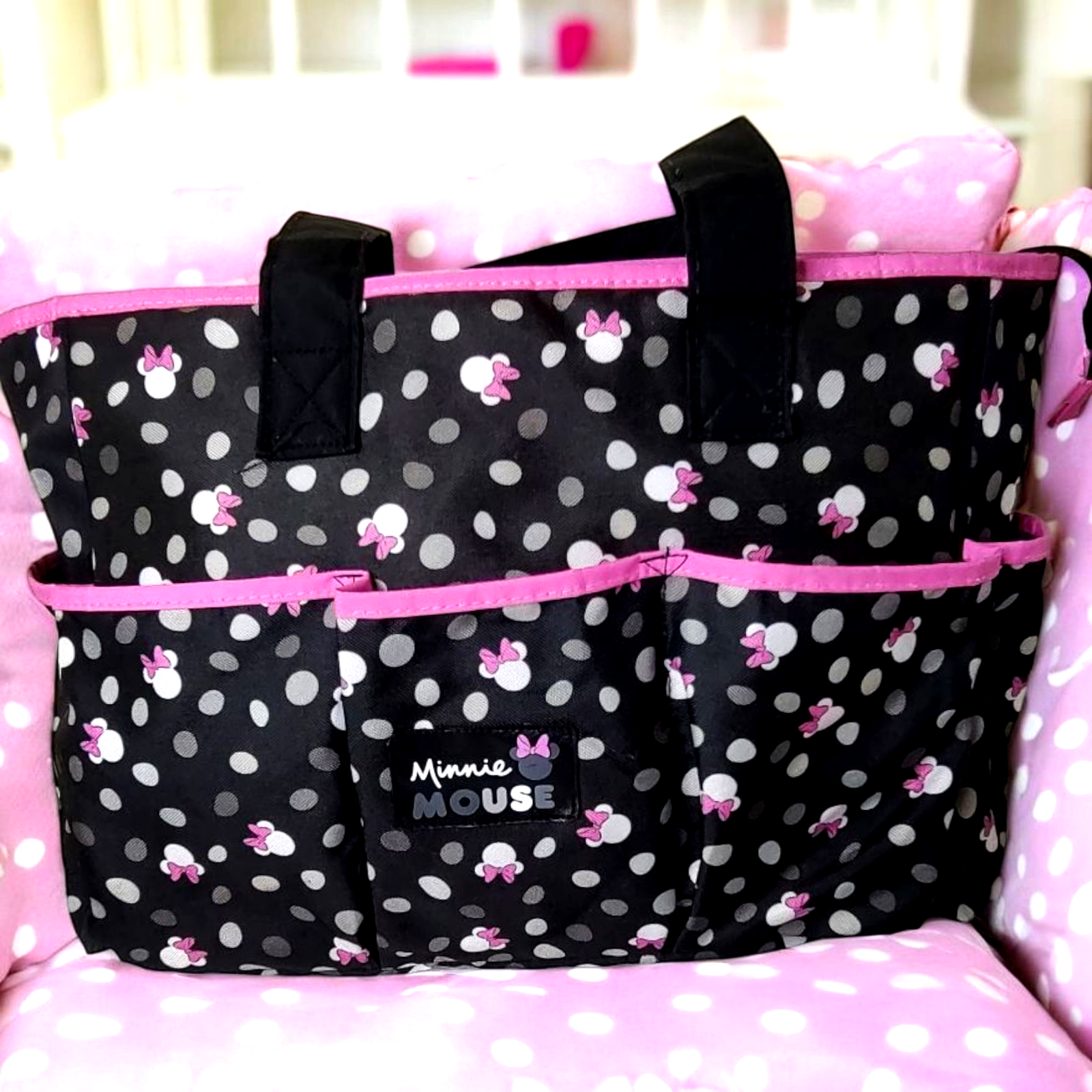 Disney Minnie Mouse Baby Diaper Bag Tote  8 Pockets Pink Gray Dots Large... - $9.49