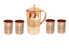 Handmade Embossed Pitcher Copper Water Drinking Jug 4 Tumbler Glass Healthy Life - £40.51 GBP