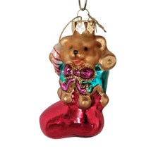 Teddy Bear Stocking Christmas Ornament Hand Blown Glass Thomas Pacconi Classics - £15.64 GBP